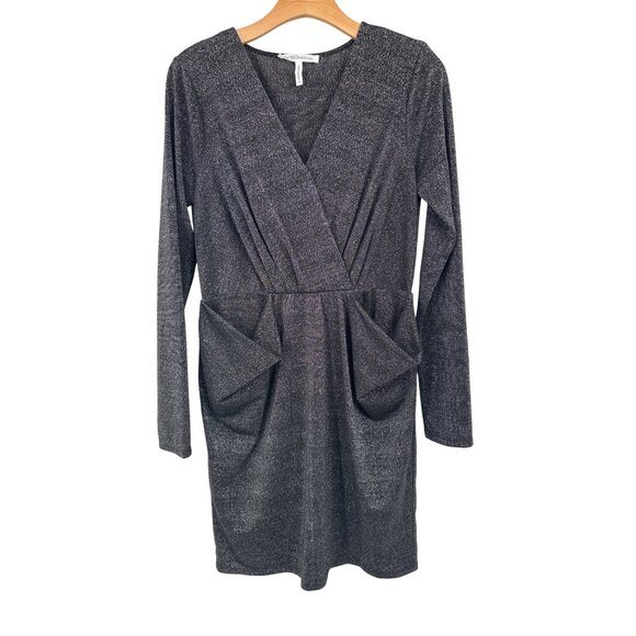 BCBGeneration Metallic Knit Long Sleeve faux Wrap Dress Pockets size medium - Picture 1 of 4